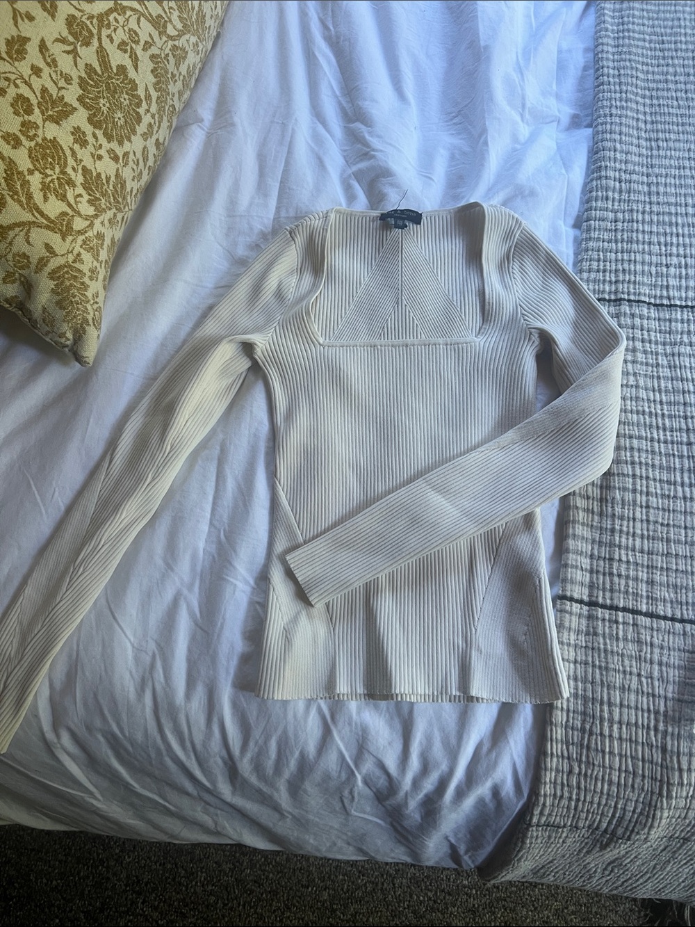 Rag and bone Ribbed Long Sleeve Square Neck Top in Cream